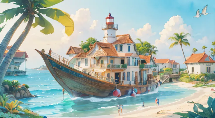 ((Coloring book illustration)), Ocean Fantasy, Watercolor illustration, Whimsical, a warm color palette, villages, palmeiras, house, Huge lighthouse, ((tmasterpiece)), highly detailed environments