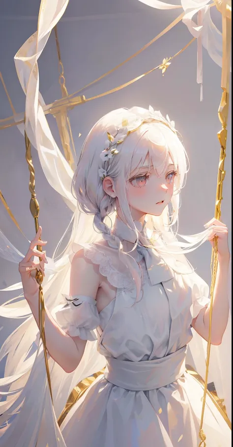 (Extremely delicate, masterpiece, excellent light and shadow, 8K HD wallpaper), white hair, golden eyes, intermittently translucent white clothes, looking at the upper body, lacy hair accessories, pale pink skin, tie at the waist, side braid swing.