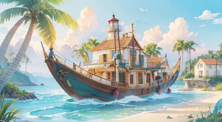 ((Coloring book illustration)), Ocean Fantasy, Watercolor illustration, Whimsical, a warm color palette, villages, palmeiras, house, Huge lighthouse, ((tmasterpiece)), highly detailed environments