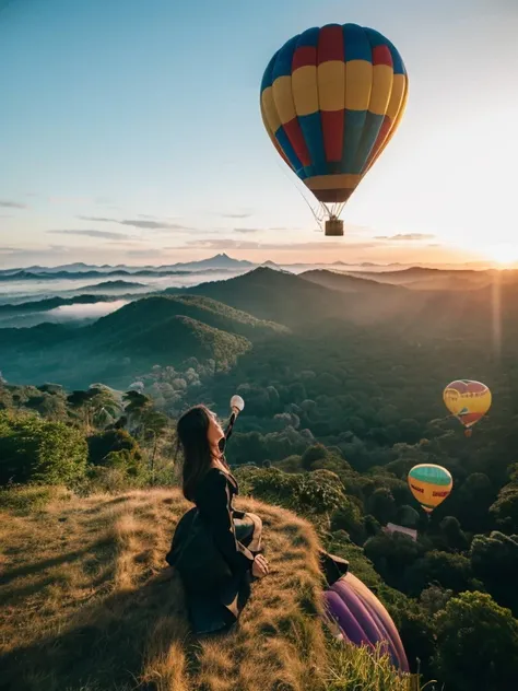 ((top-quality、in 8K、​masterpiece:1.3、Raw photo))、((Japanese female idol riding a hot air balloon overlooking the jungle below)), Super high quality photos, Hot air balloon flying high above the vast jungle, Under the balloon is a vast tropical jungle, (Pho...