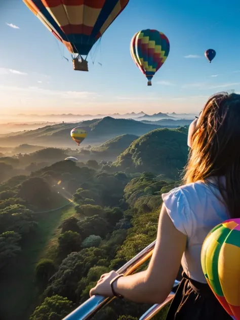 ((top-quality、in 8K、​masterpiece:1.3、Raw photo))、((Japanese female idol riding a hot air balloon overlooking the jungle below)), Super high quality photos, Hot air balloon flying high above the vast jungle, Under the balloon is a vast tropical jungle, (Pho...