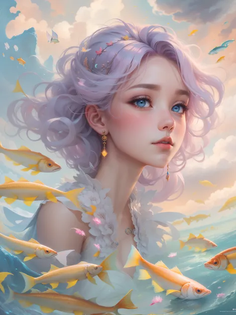 （tmasterpiece，official art aesthetic）。an oil painting，Oil brush strokes，Fantasyart：1.37，sky picture above,Fluffy clouds， （sad cloud goddess：1.37, The eyes are bright，with pink hair，Delicatemakeup，Glowing skin，Tulle clothes，Schools of fish surround her：1.37...