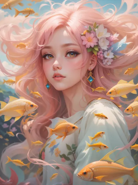 （tmasterpiece，official art aesthetic）。an oil painting，Oil brush strokes，Fantasyart：1.37，sky picture above,Fluffy clouds， （sad cloud goddess：1.37, The eyes are bright，with pink hair，Delicatemakeup，Glowing skin，Tulle clothes，Schools of fish surround her：1.37...