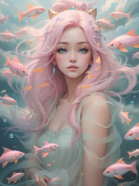 （tmasterpiece，official art aesthetic）。an oil painting，Oil brush strokes，Fantasyart：1.37，sky picture above,Fluffy clouds， （sad cloud goddess：1.37, The eyes are bright，with pink hair，Delicatemakeup，Glowing skin，Tulle clothes，Schools of fish surround her：1.37...