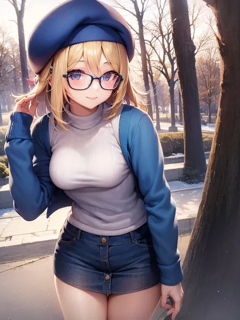 season in winter, good weather in the park, side lake. a one beauty woman, blond bob hair, glasses, wears a blue beret on head, tops is fashionable blue sweater, bottoms is denim skirt, (sexy::1.2) smile.