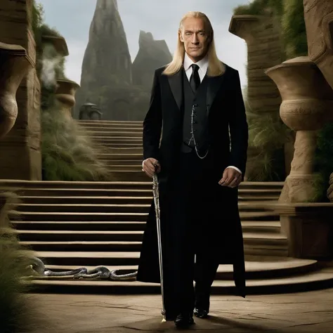 Lucius is tall with long straight blonde hair, icy blue eyes, wears black suits and robes, carries a walking stick with a silver snake head at the top. Famously portrayed by Jason Isaacs,Harry Potter and the Chamber of Secrets,Lucius is tall with long stra...