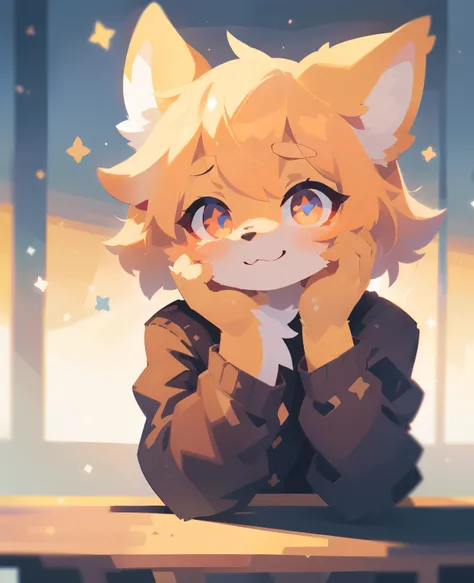 1girl, solo, table, star eyes, cardigan, bow, star shaped pupils, looking at viewer, smile, a hand on face, short hair, (best quality, masterpiece, illustration, ultra-detailed:1.3), (uploaded on e621, furry, anthro, kemono:1.3)