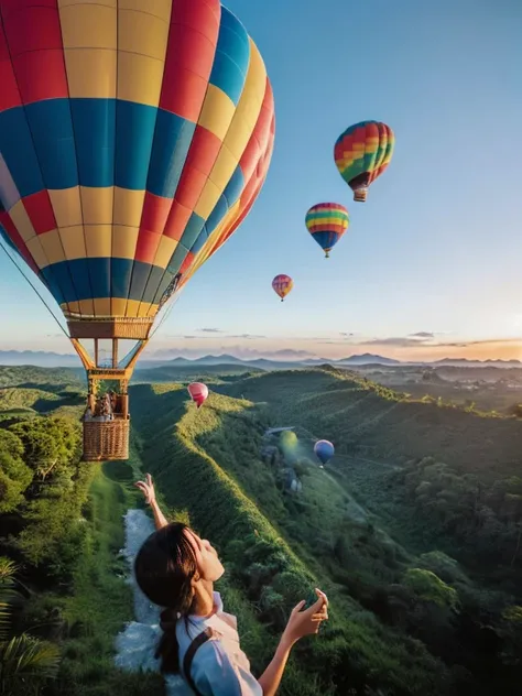 ((top-quality、in 8K、​masterpiece:1.3、Raw photo))、((Japanese female idol riding a hot air balloon overlooking the jungle below)), Super high quality photos, Hot air balloon flying high above the vast jungle, Under the balloon is a vast tropical jungle, (Pho...