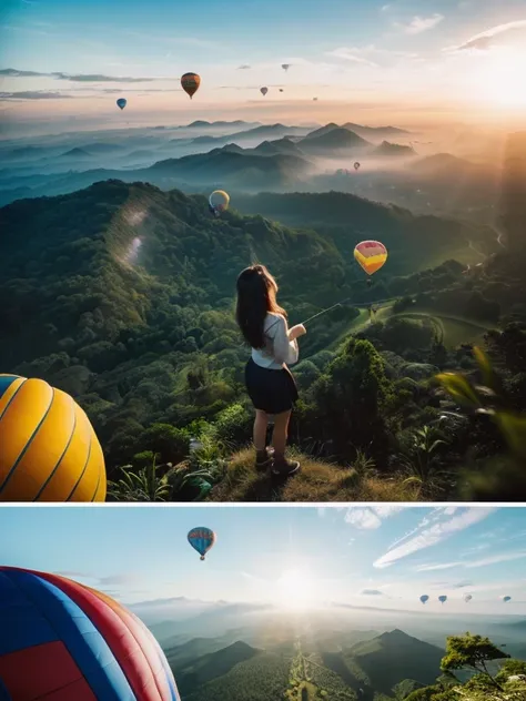 ((top-quality、in 8K、​masterpiece:1.3、Raw photo))、((Japanese female idol riding a hot air balloon overlooking the jungle below)), Super high quality photos, Hot air balloon flying high above the vast jungle, Under the balloon is a vast tropical jungle, (Pho...