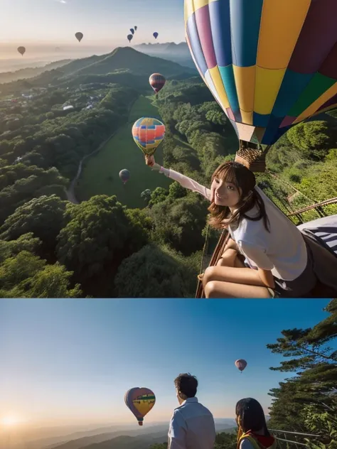 ((top-quality、in 8K、​masterpiece:1.3、Raw photo))、((Japanese female idol riding a hot air balloon overlooking the jungle below)), Super high quality photos, Hot air balloon flying high above the vast jungle, Under the balloon is a vast tropical jungle, (Pho...