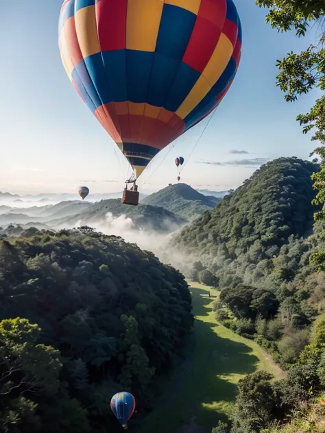 ((top-quality、in 8K、​masterpiece:1.3、Raw photo))、((Japanese female idol riding a hot air balloon overlooking the jungle below)), Super high quality photos, Hot air balloon flying high above the vast jungle, Under the balloon is a vast tropical jungle, (Pho...