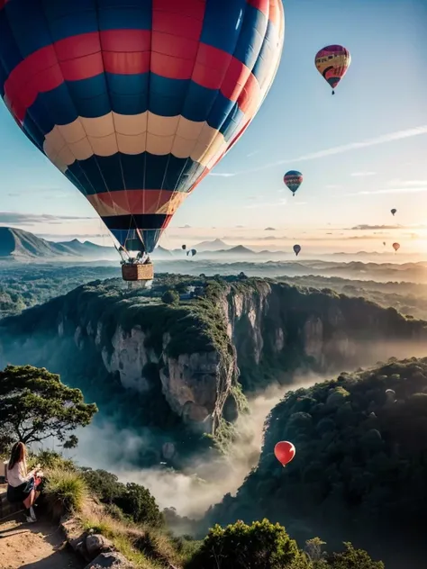 ((top-quality、in 8K、​masterpiece:1.3、Raw photo))、((Japanese female idol riding a hot air balloon overlooking the jungle below)), Super high quality photos, Hot air balloon flying high above the vast jungle, Under the balloon is a vast tropical jungle, (Pho...