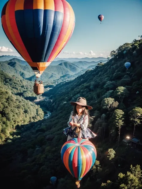 ((top-quality、in 8K、​masterpiece:1.3、Raw photo))、((Japanese female idol riding a hot air balloon overlooking the jungle below)), Super high quality photos, Hot air balloon flying high above the vast jungle, Under the balloon is a vast tropical jungle, (Pho...