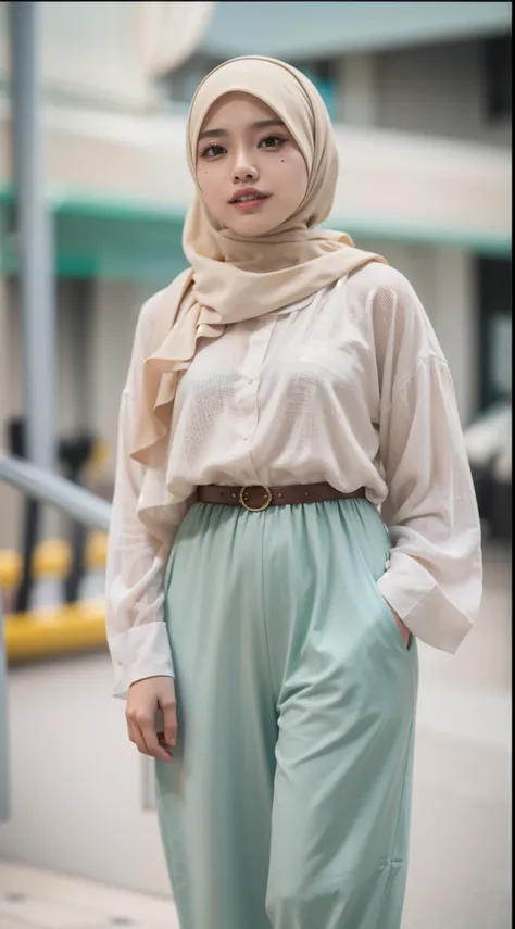 Malay girl in hijab wear big oversized loose blouse and high waist loose cotton pants, pastel color, seating, wear back pack, front view, detail skin, detail skin texture, mole below eyes, small breast, big hip, big waist, big thigh, slim abs, beautiful bo...