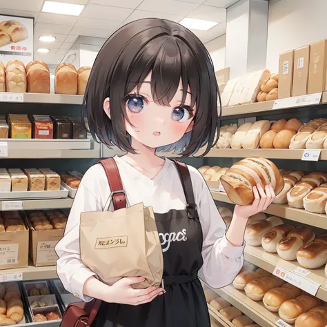 Anime style, 1 girl, upper-body, Big Face, looks at the viewer, Background Shop, Store, store shelves background, Short Hair Hair, holding bread, bread in a bag, bread packed, hands us