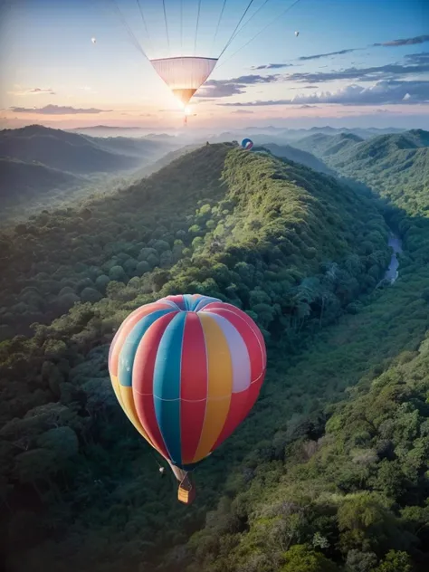 ((top-quality、in 8K、​masterpiece:1.3、Raw photo))、((Japanese female idol riding a hot air balloon overlooking the jungle below)), Super high quality photos, Hot air balloon flying high above the vast jungle, Under the balloon is a vast tropical jungle, (Pho...