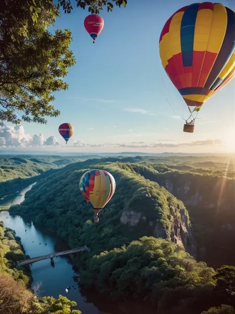 ((top-quality、in 8K、​masterpiece:1.3、Raw photo))、((Japanese female idol riding a hot air balloon overlooking the jungle below)), Super high quality photos, Hot air balloon flying high above the vast jungle, Under the balloon is a vast tropical jungle, (Pho...