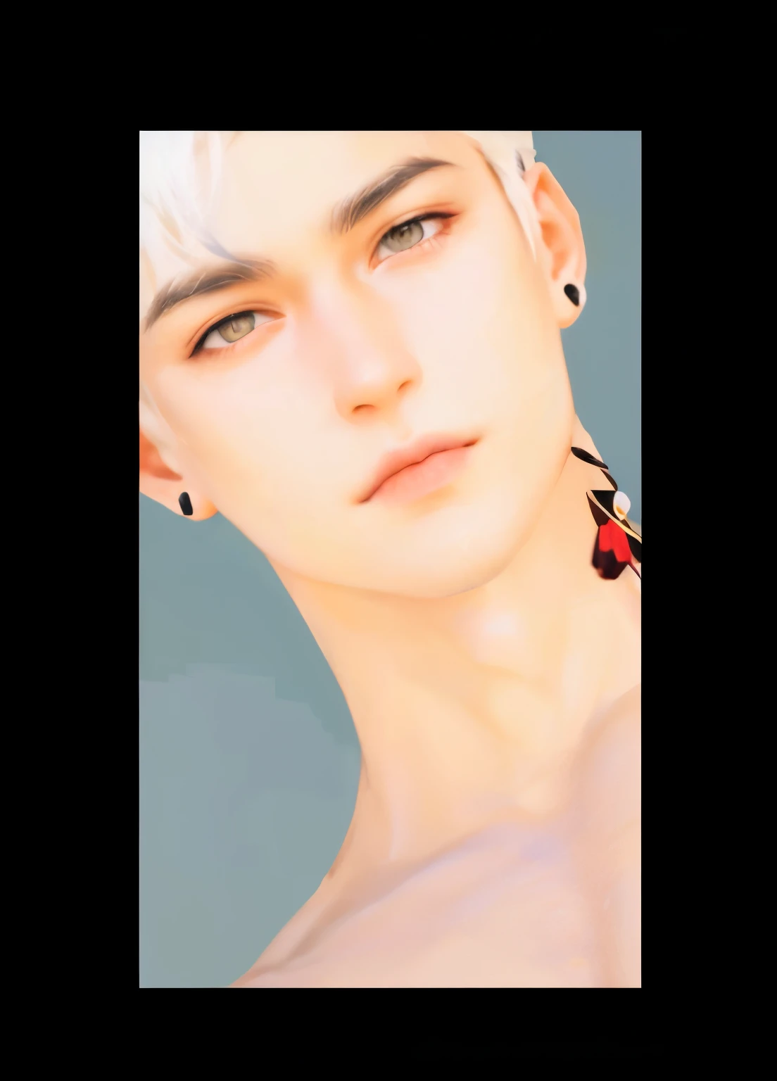 (masterpiece,best quality,ultra_detailed,highres,absurdres) (detailed shadow) (quality light),1 mature male, 35-ish, ((no chest hair)), male focus, solo, short black hair (yellow eyes), (soft beard), simple background, upper body, looking at viewer, parted...