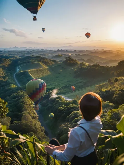 ((top-quality、in 8K、​masterpiece:1.3、Raw photo))、((Japanese female idol riding a hot air balloon overlooking the jungle below)), Super high quality photos, Hot air balloon flying high above the vast jungle, Under the balloon is a vast tropical jungle, (Pho...