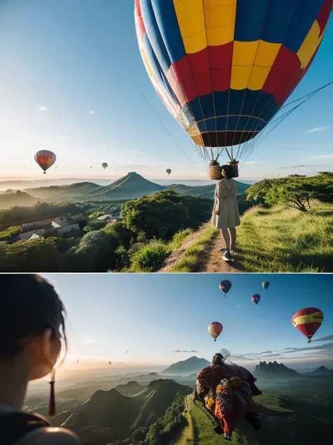 ((top-quality、in 8K、​masterpiece:1.3、Raw photo))、((Japanese female idol riding a hot air balloon overlooking the jungle below)), Super high quality photos, Hot air balloon flying high above the vast jungle, Under the balloon is a vast tropical jungle, (Pho...