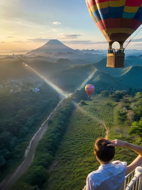 ((top-quality、in 8K、​masterpiece:1.3、Raw photo))、((Japanese female idol riding a hot air balloon overlooking the jungle below)), Super high quality photos, Hot air balloon flying high above the vast jungle, Under the balloon is a vast tropical jungle, (Pho...