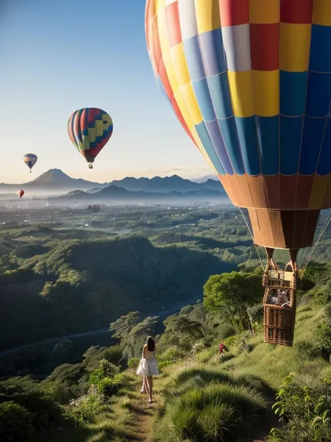 ((top-quality、in 8K、​masterpiece:1.3、Raw photo))、((Japanese female idol riding a hot air balloon overlooking the jungle below)), Super high quality photos, Hot air balloon flying high above the vast jungle, Under the balloon is a vast tropical jungle, (Pho...