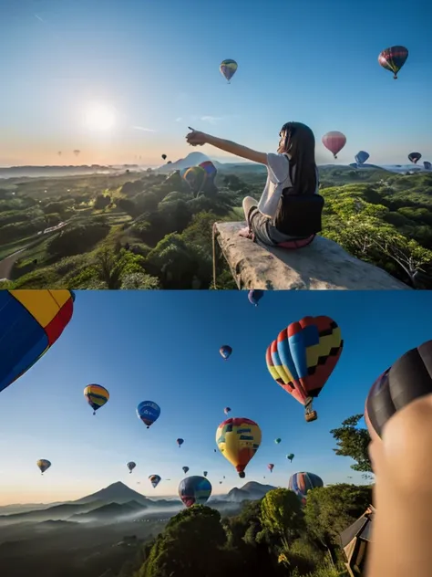 ((top-quality、in 8K、​masterpiece:1.3、Raw photo))、((Japanese female idol riding a hot air balloon overlooking the jungle below)), Super high quality photos, Hot air balloon flying high above the vast jungle, Under the balloon is a vast tropical jungle, (Pho...