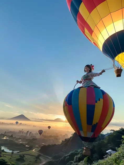 ((top-quality、in 8K、​masterpiece:1.3、Raw photo))、((Japanese female idol riding a hot air balloon overlooking the jungle below)), Super high quality photos, Hot air balloon flying high above the vast jungle, Under the balloon is a vast tropical jungle, (Pho...