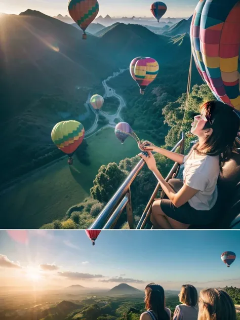 ((top-quality、in 8K、​masterpiece:1.3、Raw photo))、((Japanese female idol riding a hot air balloon overlooking the jungle below)), Super high quality photos, Hot air balloon flying high above the vast jungle, Under the balloon is a vast tropical jungle, (Pho...