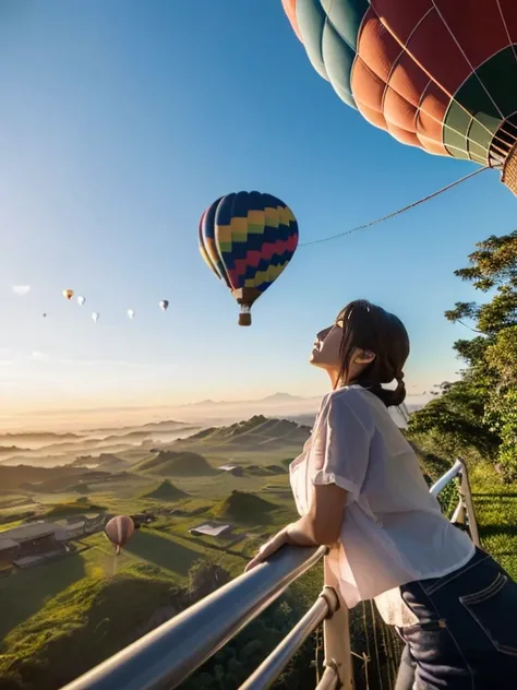 ((top-quality、in 8K、​masterpiece:1.3、Raw photo))、((Japanese female idol riding a hot air balloon)), Super high quality photos, Hot air balloon flying high above the vast jungle, Under the balloon is a vast tropical jungle, (Photorealistic: 1.4), (hyper rea...