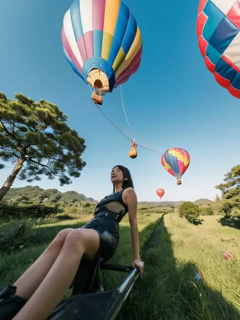 ((top-quality、in 8K、​masterpiece:1.3、Raw photo))、((Japanese female idol riding a hot air balloon)), Super high quality photos, Hot air balloon flying high above the vast jungle, Under the balloon is a vast tropical jungle, (Photorealistic: 1.4), (hyper rea...