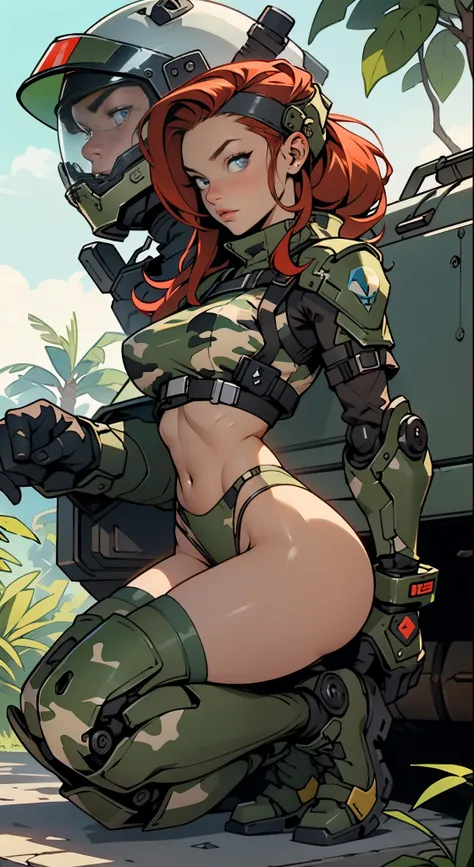 1woman 20 years old, max resolution, sculpted, military, wearing a soldier helmet, beautiful, perfect body, red hair, blue eyes, perfect body, thin waist, wide hips, large breasts, slim thighs, jungle background, armored vehicle, military robot dog, camouf...