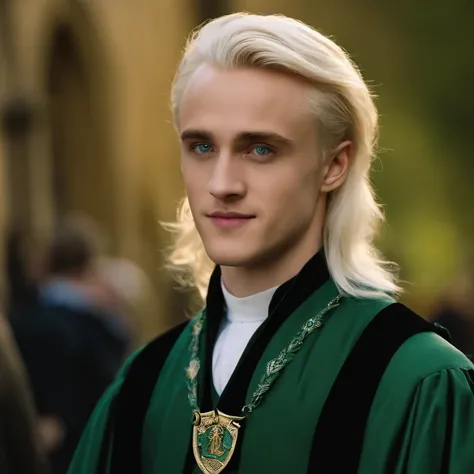 Draco is tall with neat platinum blonde hair, icy blue eyes, wears Slytherin Hogwarts robes, famously portrayed by Tom Felton,Harry Potter series,Draco is tall with neat platinum blonde hair, icy blue eyes, wears Slytherin Hogwarts robes, famously portraye...