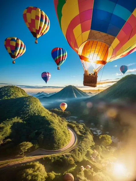 ((top-quality、in 8K、​masterpiece:1.3、Raw photo))、((Japanese female idol riding a hot air balloon)), Super high quality photos, Hot air balloon flying high above the vast jungle, Under the balloon is a vast tropical jungle, (Photorealistic: 1.4), (hyper rea...