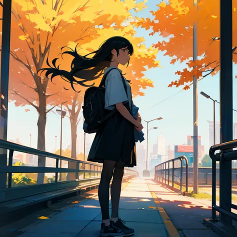 (best quality,4k,8k,highres,masterpiece:1.2),ultra-detailed,(realistic,photorealistic,photo-realistic:1.37),a girl in a black t-shirt and canvas shoes,standing at an empty bus stop on a sunny day,long,long hair gently blowing in the wind,beautiful detailed...