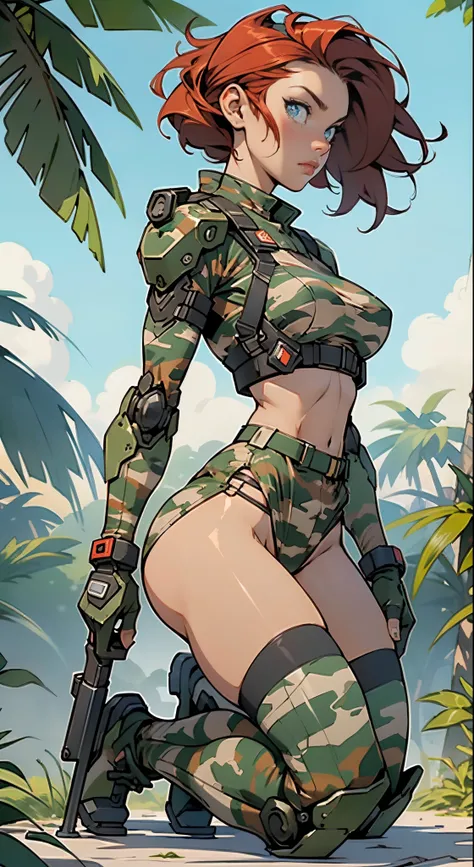 1woman 20 years old, max resolution, sculpted, military, wearing a soldier helmet, beautiful, perfect body, red hair, blue eyes, perfect body, thin waist, wide hips, large breasts, slim thighs, jungle background, armored vehicle, military robot dog, camouf...