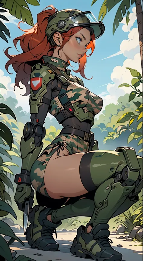 1woman 20 years old, max resolution, sculpted, military, wearing a soldier helmet, beautiful, perfect body, red hair, blue eyes, perfect body, thin waist, wide hips, large breasts, slim thighs, jungle background, armored vehicle, military robot dog, camouf...