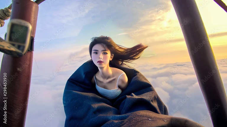 ((top-quality、in 8K、​masterpiece:1.3、Raw photo))、((A 20-year-old Japanese female idol with perfect beauty)), Super high quality photos, Flying high above the vast jungle, Below is a vast tropical jungle sea of clouds., (Photorealistic: 1.4), (hyper realisi...