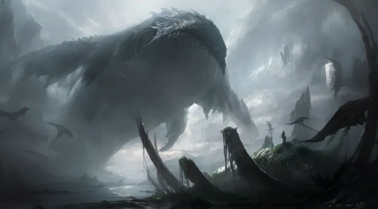 There is a huge creature standing in the water, dramatic concept art, noah bradley concept art, giant ethereal creature, Fantasy concept painting, by Ruan Jia, environment concept art, concept art painting, epic digital concept art, high resolution concept...