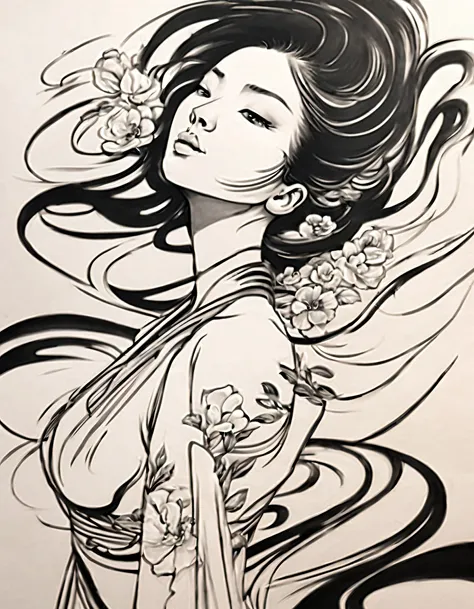 chinese traditional ink body art style, (use simple lines to outline a woman’s beautiful body），woman&#39;s back, undulating line...