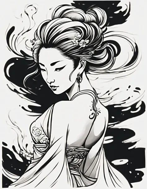 chinese traditional ink body art style, (use simple lines to outline a woman’s beautiful body），woman&#39;s back, undulating line...