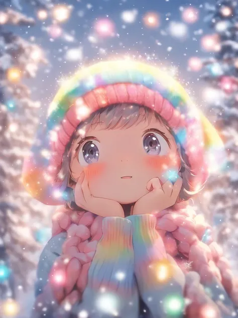 wearing a pink knitted hat，Looking up at the sky，Snowflakes and stars on pink and blue background, Ayako Rokkaku&#39;pastels, Tumbler, holography, light snowing, pastel faded effect, snowy background, light snowing, background is heavenly, Dancing snowflak...