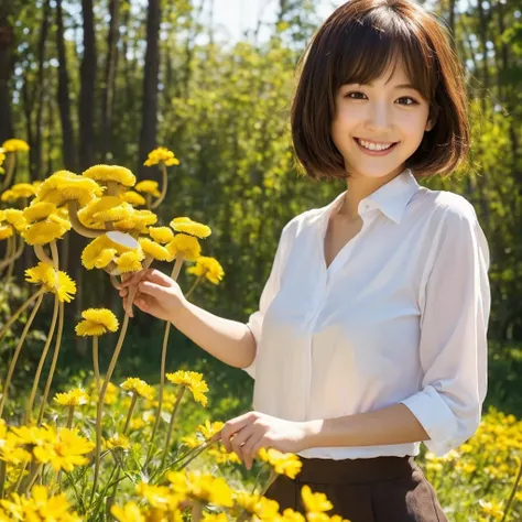 girl, holding a knife, the shirt,big eye, head tilted, mushroom head with short brown hair, with a clear smile on his face, char...