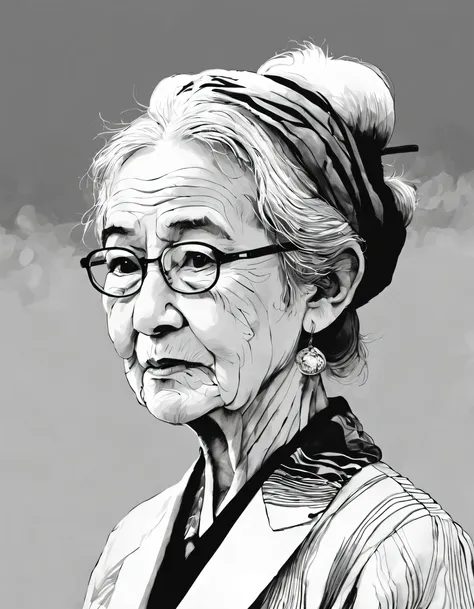 （portrait of grandma) ，black and white simple drawing，，undulating lines, thick and thin lines, line art, black and white paintin...