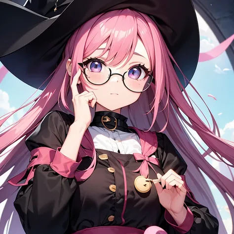 The woman wears black glasses in the shape of a circle without mirrors and has beautiful colored eyes. Dressed in a cute pink dress and wearing a cute Ping Witch Hat.