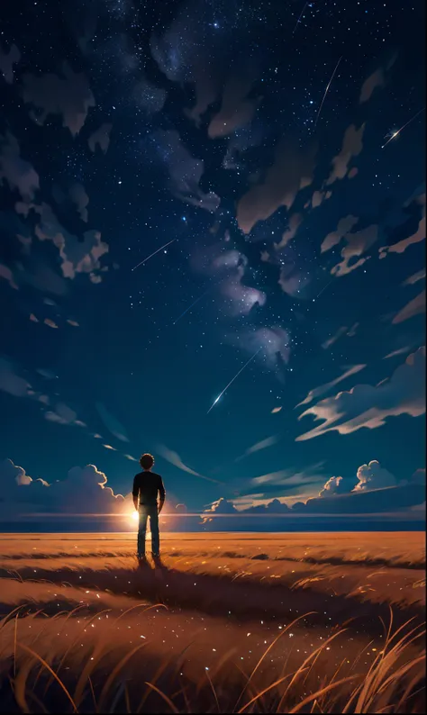 An open field, full moon in the sky, twinkling stars, comets, shadow of a  teen age boy standing in the middle of the field looking up at the sky, ultra hd, highlighted details, realistic