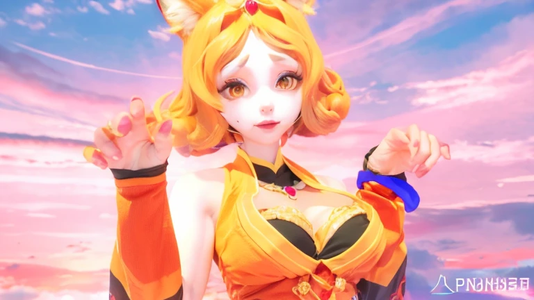 Fox girl，Waving hands coquettishly。