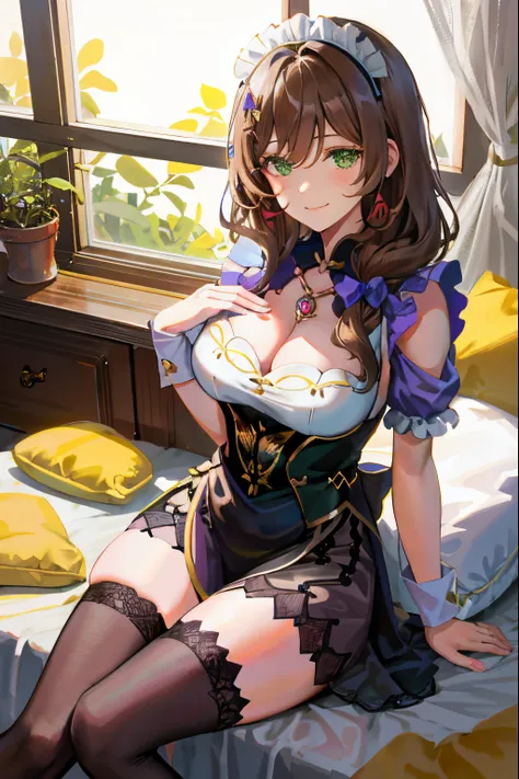 Lisa, GenshinImpact, 1girl in, Solo, breasts, cleavage, hair between eye, hair messy, Large breasts, Long hair, Looking at Viewer, Brown hair, red short nails, Green eyes, Solo, thighs thighs thighs thighs, ((masutepiece)), maid dress, meidofuku, maid, Ski...