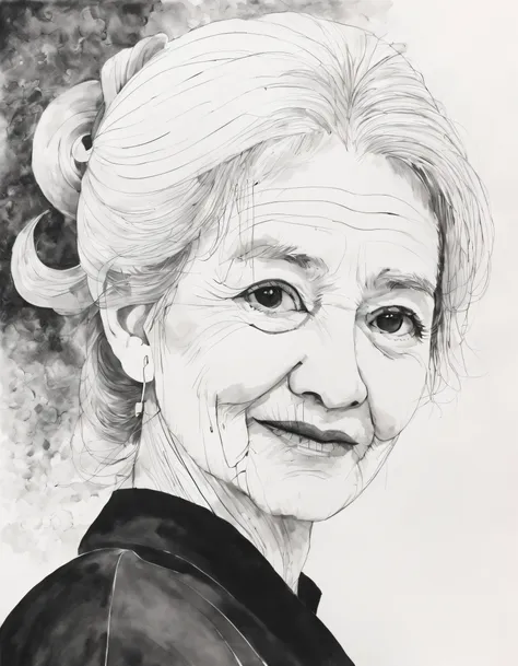 （grandma portrait) ，simple black and white painting， thick and thin lines, beautiful line art, black and white painting,,lyrical...