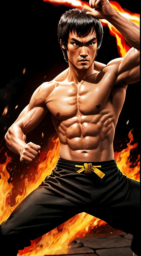 actor ((Bruce Lee)) as Liu Kang, Mortal Kombat, (Red headband), Black pants with red stripes, Fire in the background, Convoluted, high detailing, Sharp Focus, Dramatic, Photorealistic pictorial art by Greg Rutkowski